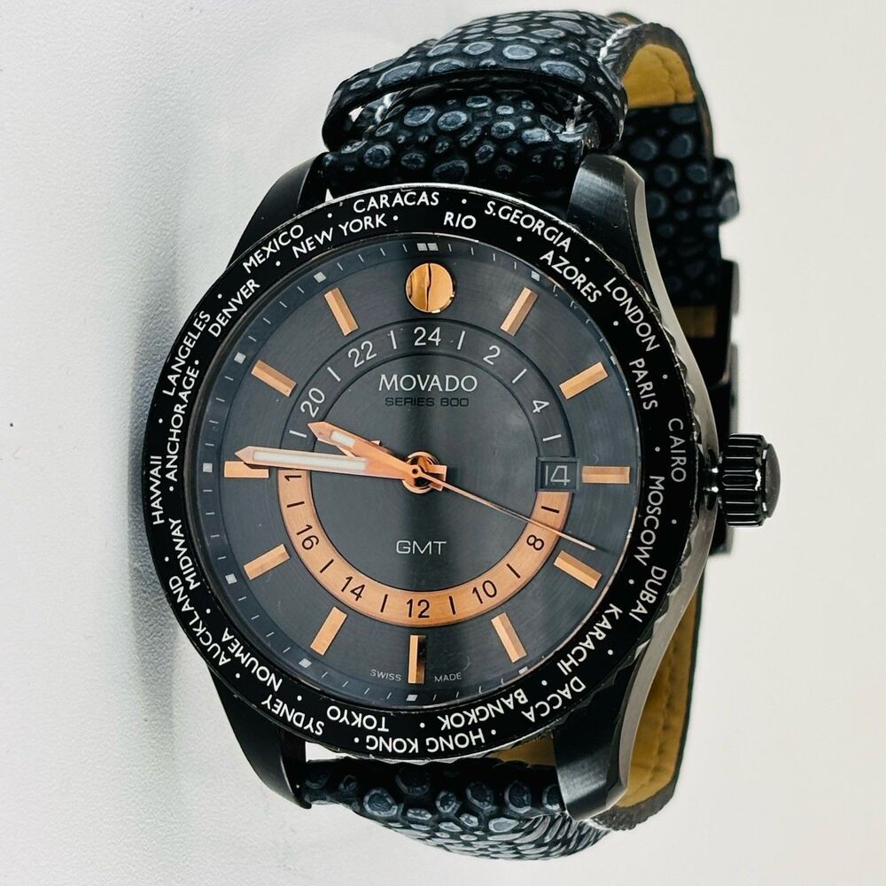 Movado Black Series 800 GMT World-Time 24 Hr Steel Watch Model 14-1-36-1207